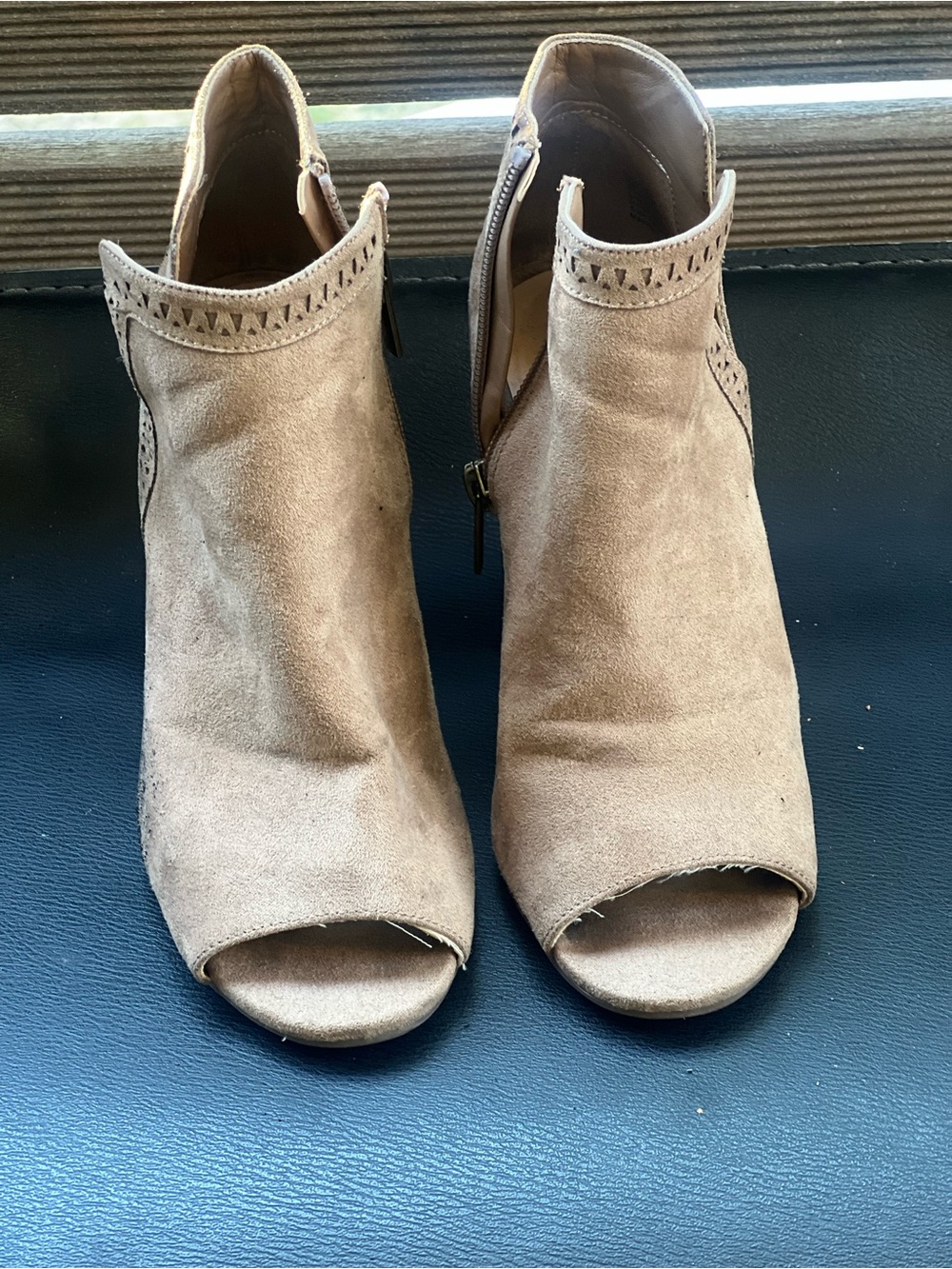Peep-Toe Suede Mules in Taupe